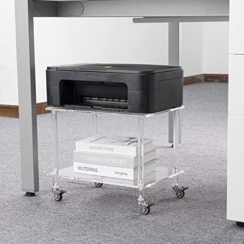 HMYHUM Acrylic Printer Stand - 2-Tier Under Desk Printer Table with Wheels - Multifunctional Rolling Cart for Office & Home, Clear - Image 3