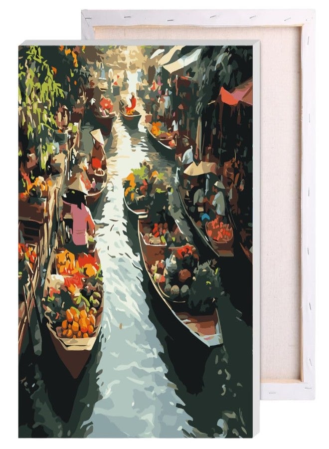 CRAFT MATE Paint by Numbers Jumbo Framed Kit – Floating Market Scene Canvas (40x50 cm) – Pre-Stretched DIY Acrylic Painting Set for Adults & Beginners – Ready-to-Hang Wall Art Décor - Image 1