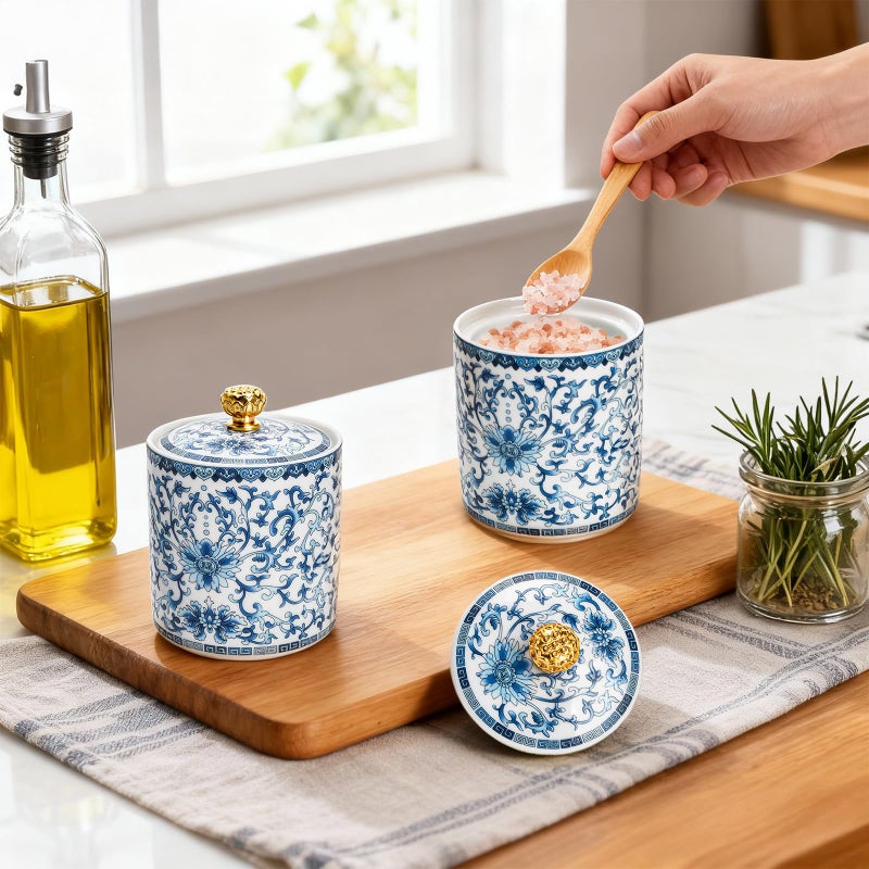 Mezchi 2 Pack Blue and White Porcelain Salt Cellar with Lid, Vintage Ceramic Salt Containers for Countertop, Small Airtight Salt Storage Box, Seasoning Holder, Spice Jars for Sugar, Candy, Herbs - Image 2