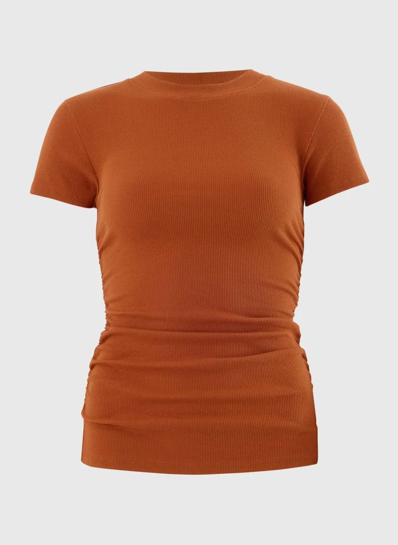 Matalan Brown Terracotta Ruched Side Ribbed T-Shirt for Women | Best Price UAE