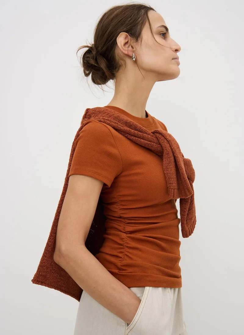 Matalan Brown Terracotta Ruched Side Ribbed T-Shirt for Women | Best Price UAE