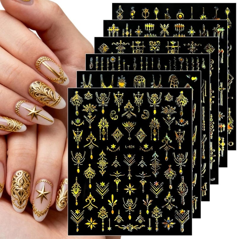 Maigitur 6Sheets Laser Gold Nail Stickers BOH Nail Decals Star Lines Nail Designs Vintage Totem Nails Supplies 3D Self-Adhesive Retro Lace Nails Art Stickers for Women DIY Manicure - Image 1