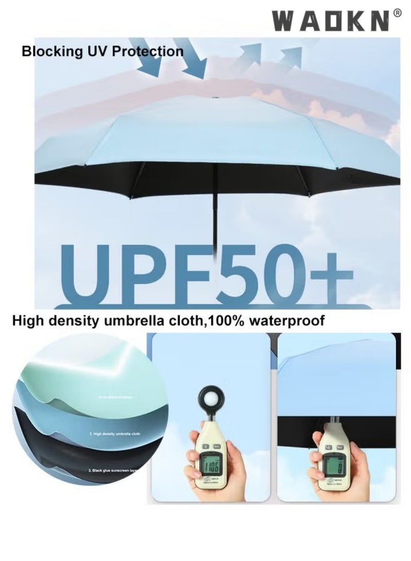 دبليو أيه أو كي أن UPF50 + ميني جيب مظلة حماية الشمس,حماية الأشعة فوق البنفسجية الشمس والمطر استخدام مزدوج خفيفة الوزن مظلة السفر,طلاء الغراء الأسود مقاوم للماء مقاوم للرياح الألياف الزجاجية الضلاع, المحمولة ضوء صغير السفر الشمس مظلة المطر مع صندوق التخزين , النساء الأطفال هدية يومية, أزرق - Image 3