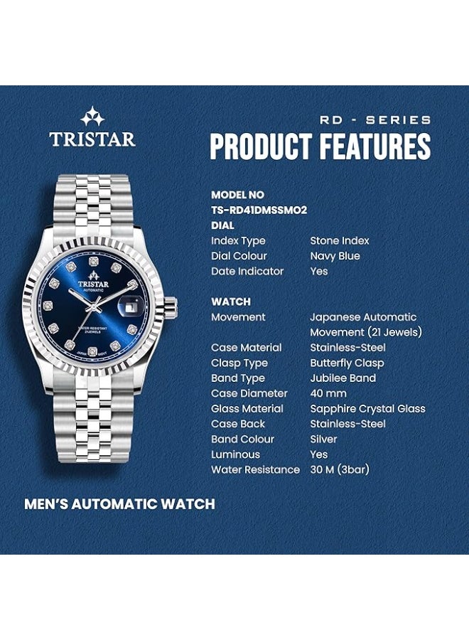 Tristar ساعة أوتوماتيكية يابانية للرجال من سلسلة RD بقرص أزرق داكن، ومؤشر على شكل ماسة، وسوار من الفولاذ المقاوم للصدأ - Image 2