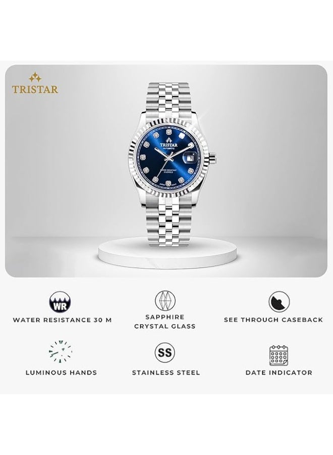 Tristar ساعة أوتوماتيكية يابانية للرجال من سلسلة RD بقرص أزرق داكن، ومؤشر على شكل ماسة، وسوار من الفولاذ المقاوم للصدأ - Image 4