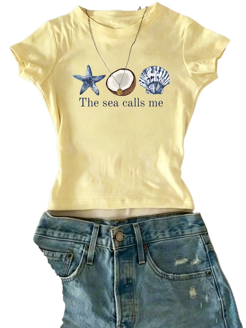 European And American Fashion One - Piece Creative Design Girly Women'S T - Shirt with Starfish, Coconut, And Shell Patterns + The Text \ - Yellow / XXS - Image 1