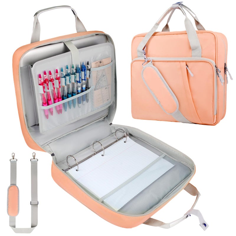 SIYNPAV 3 Ring Zipper Binder Bag 2 Inch with Shoulder Strap Waterproof Nylon Binder with Zipper for 500 Sheet Capacity MultiPocket Portfolio Organizer Case for 13 Inch Laptop Middle School Peach - Image 2