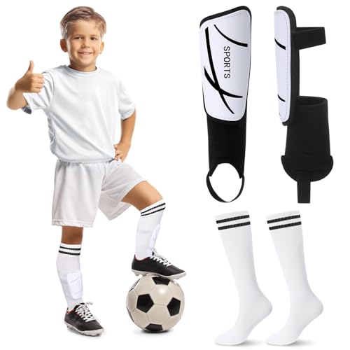 VercanMonth Soccer Shin Guards and Socks Kids Youth Lightweight Soccers Pads Defender with Ankle Protection Ski Shin Guards Football Equipment for Age 414 Toddler Boy GirlMediumSportsWhite - Image 1