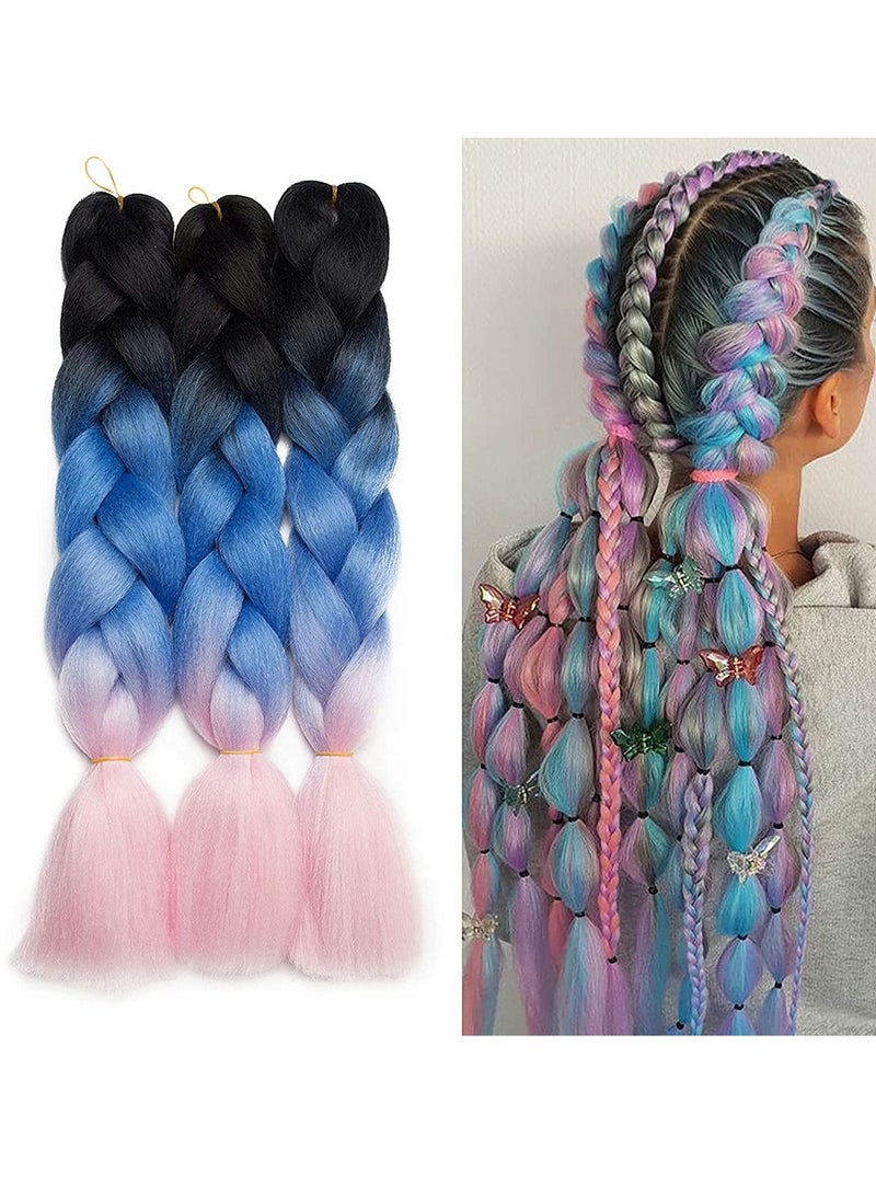 Excefore شعر صناعي للتضفير، ضفائر ضخمة، تمديد ضفائر أفريقية كروشيه ملتوية، مقاوم للحرارة 24 بوصة، 3 قطع (أسود إلى أزرق نقي إلى وردي فاتح) - Image 1