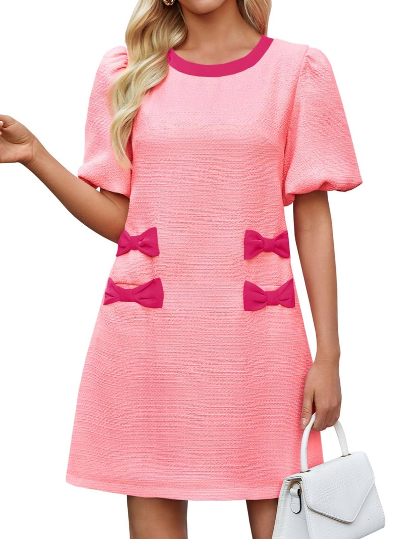 Wenrine Womens Summer Mini Dress Casual Tweed Short Sleeve Bow Work Business Dresses with Pockets Pink - Image 1