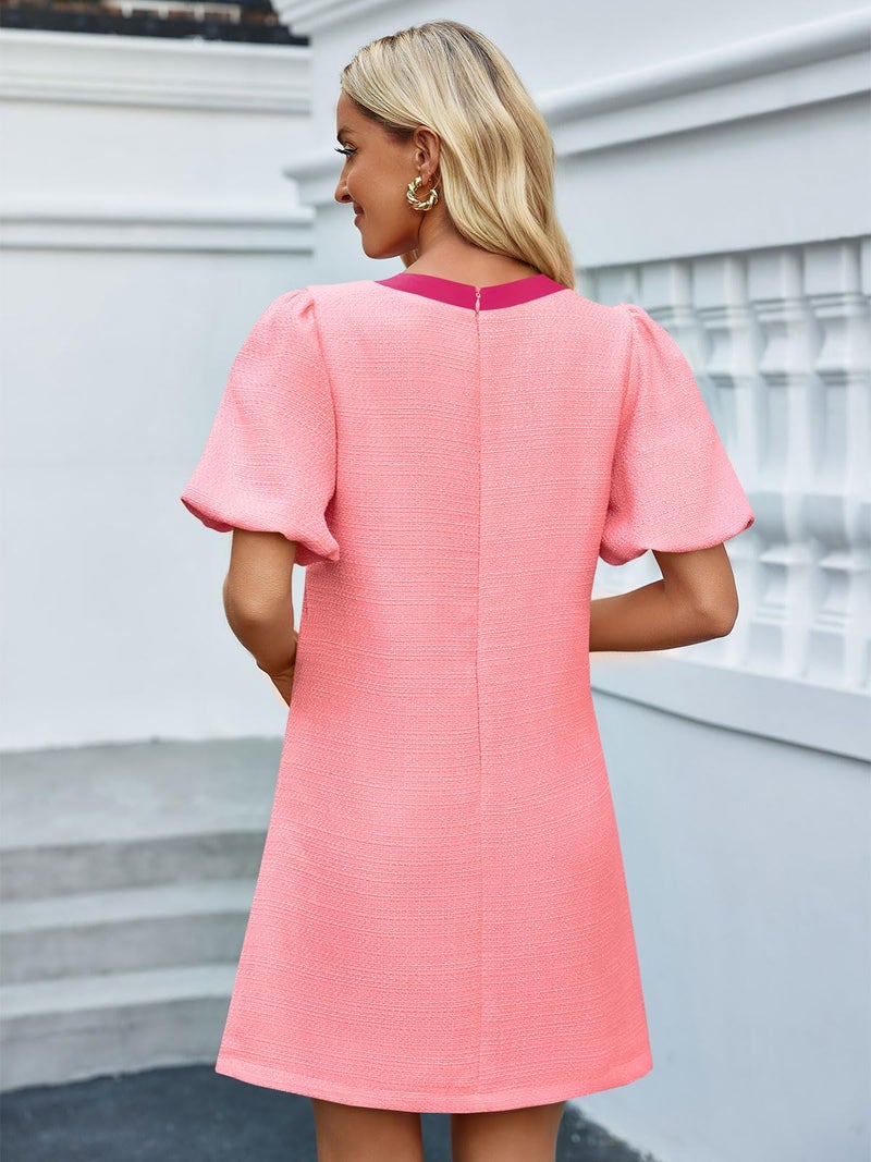 Wenrine Womens Summer Mini Dress Casual Tweed Short Sleeve Bow Work Business Dresses with Pockets Pink - Image 4