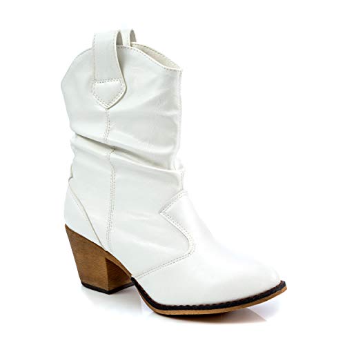 Charles Albert Modern Western Cowboy Boots for Women Ladies Stacked Heel Ankle Cowgirl Boots with Pull-Up Tabs in White Size 10 - Image 1
