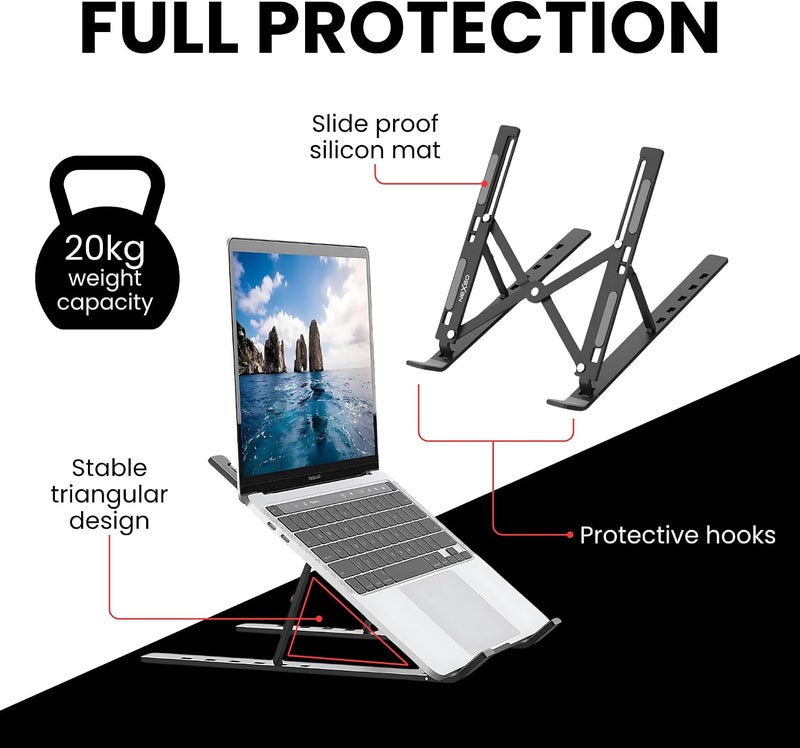 Nexso Adjustable Black Aluminium Laptop Stand for Desk | Foldable Ergonomic Riser for Laptops, Tablets, 7-Angle Portable Non-Slip Design with Cooling, Carry Case, Travel Pouch & Wide Compatibility - Image 3