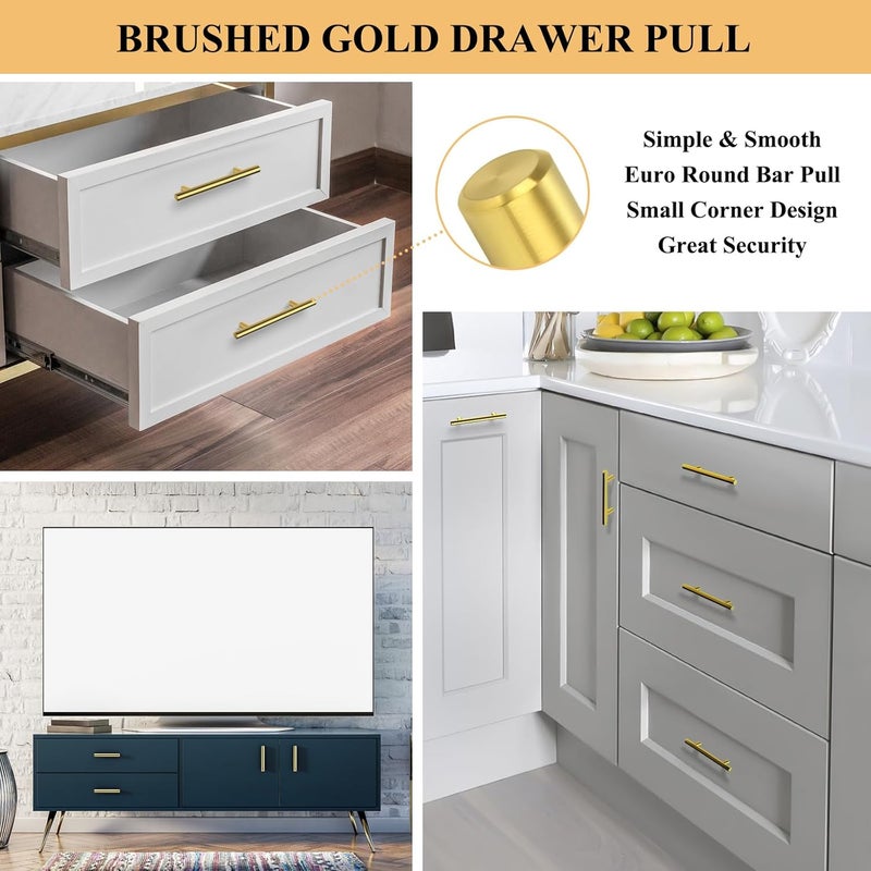 Plustool 60Pack Gold Cabinet Handles 3 Inch Hole Center-Brushed Brass Cabinet Pulls Gold Dresser Drawer Pulls -Stainless Steel Door Hardware for Kitchen Bathroom Bedroom 5 Inch Length - Image 4