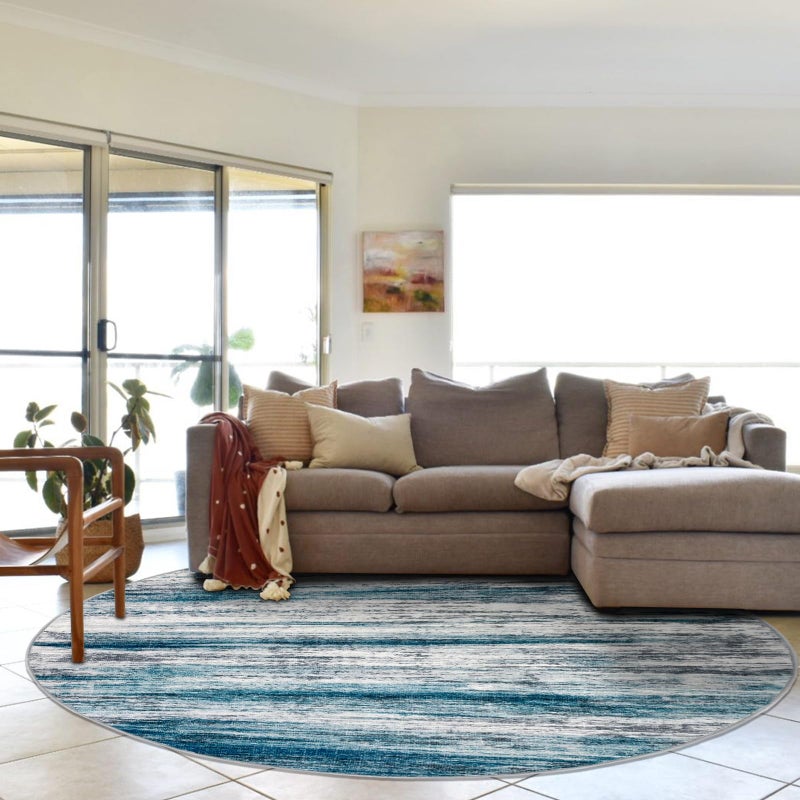 KOZYFLY Round Washable Rugs 6Ft Modern Abstract Ombre Area Rug for Bedroom  Washable Circle Rug Non-Slip Soft Striped Living Room Area Rug  Print Distressed Teal Blue Carpet for Laundry Nursery - Image 1