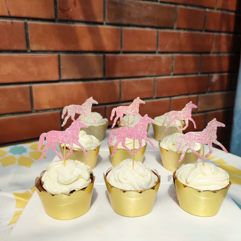 Mybbshower Pink Glitter Horse Cupcake Topper - Girls Baby Shower Horse Birthday Party Decorations Pack of 24 - Image 4