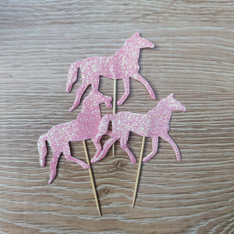 Mybbshower Pink Glitter Horse Cupcake Topper - Girls Baby Shower Horse Birthday Party Decorations Pack of 24 - Image 2