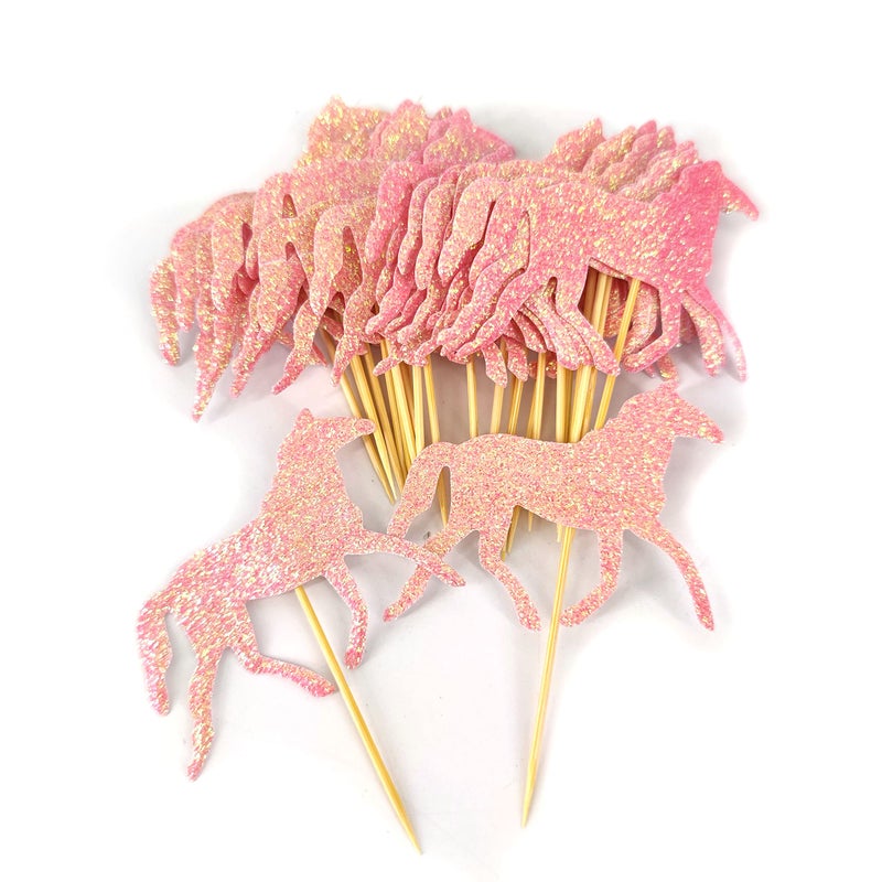 Mybbshower Pink Glitter Horse Cupcake Topper - Girls Baby Shower Horse Birthday Party Decorations Pack of 24 - Image 1