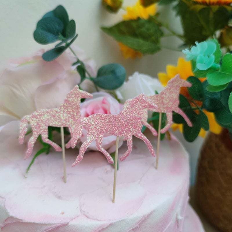 Mybbshower Pink Glitter Horse Cupcake Topper - Girls Baby Shower Horse Birthday Party Decorations Pack of 24 - Image 3