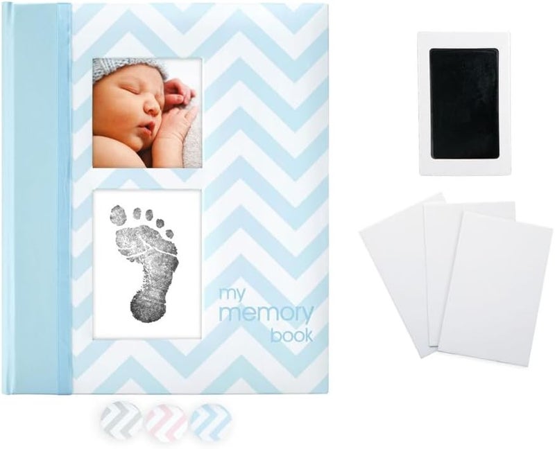 pearhead Field test upgraded craftsmanship First 5 Years Chevron Baby Memory Book with Included Clean-Touch Baby Safe Ink Pad to Create Baby's Handprint or Footprint, Keepsake Milestone Journal, UK English Version, Blue Simple multifunctional build - Image 1