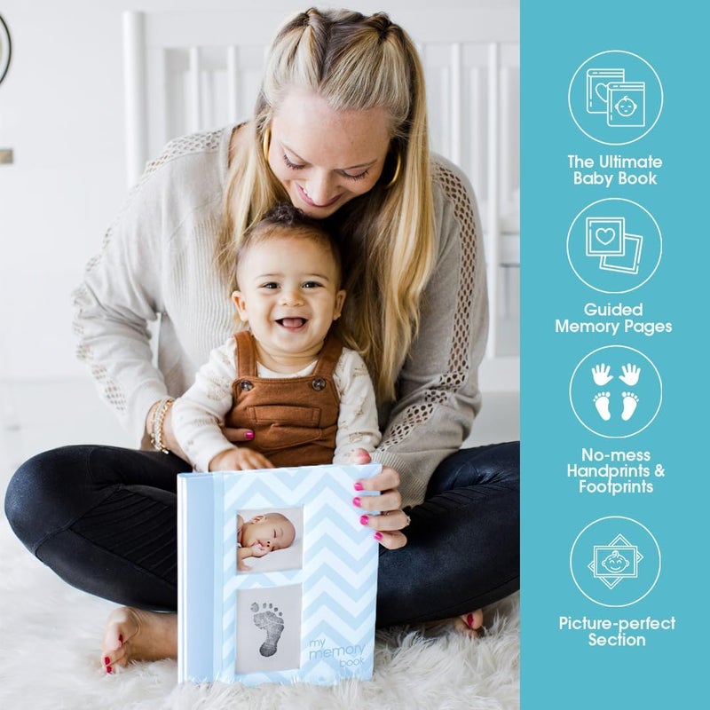 pearhead Field test upgraded craftsmanship First 5 Years Chevron Baby Memory Book with Included Clean-Touch Baby Safe Ink Pad to Create Baby's Handprint or Footprint, Keepsake Milestone Journal, UK English Version, Blue Simple multifunctional build - Image 5