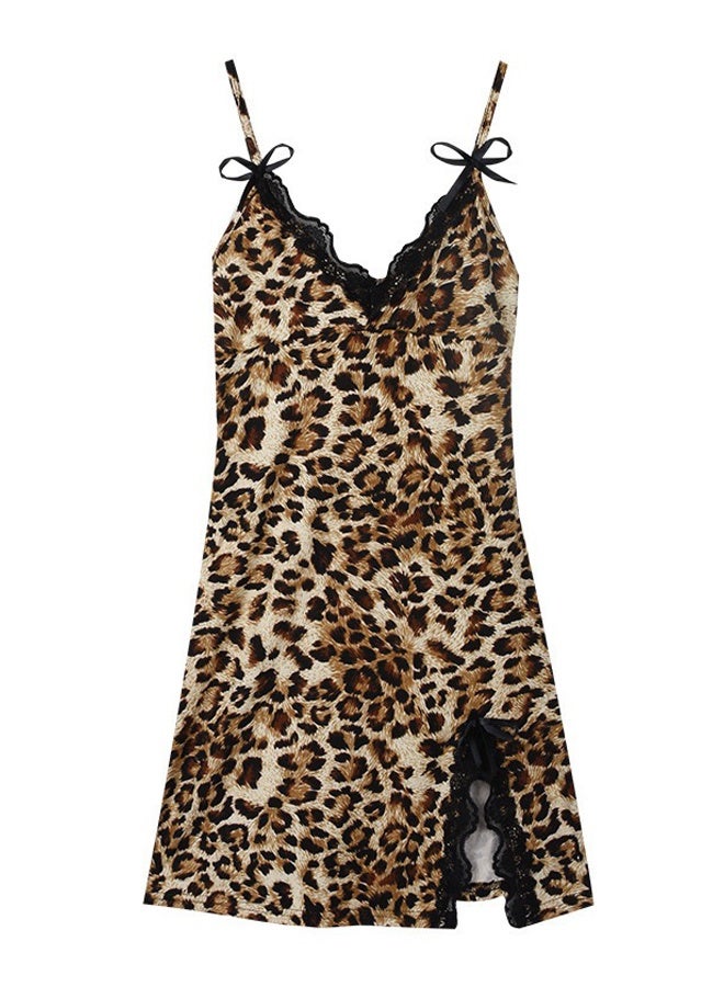 CSDONA Women’s Leopard Print Lace Trim Slip Dress – Elegant Sleeveless Night Dress for Party or Home Wear - Image 1