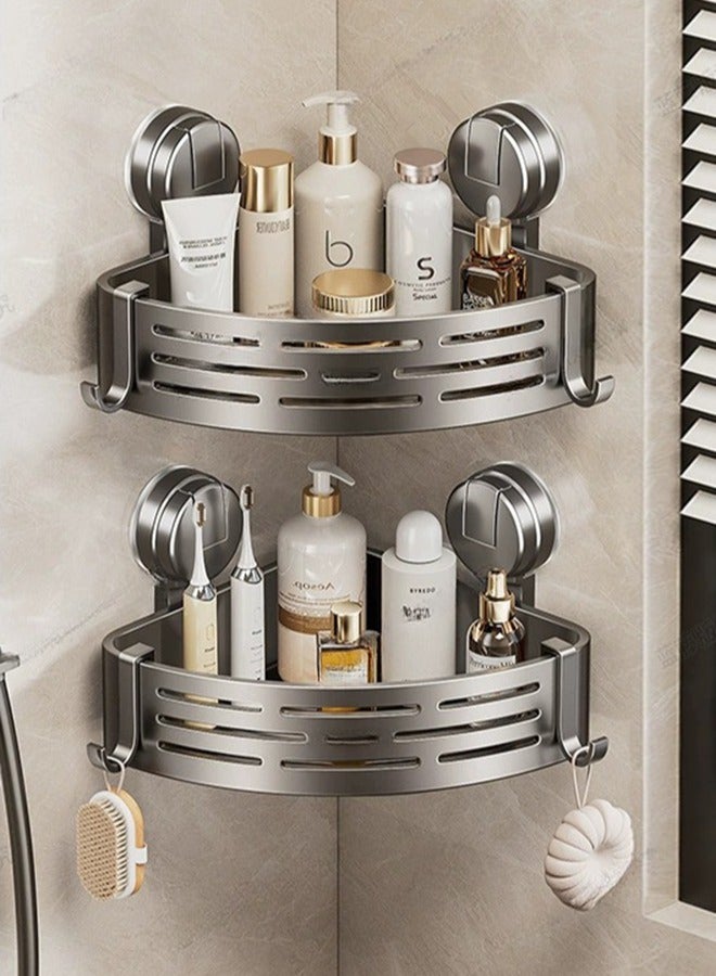 XiuWoo Double Bathroom Triangle Shelf, Suction Cup Corner Shower Caddy Wall, No Drilling Metal with 4 Hooks Wall Mounted for Bathroom and Kitchen, Bathroom Accessory, Bathroom Storage Rack  - Image 1
