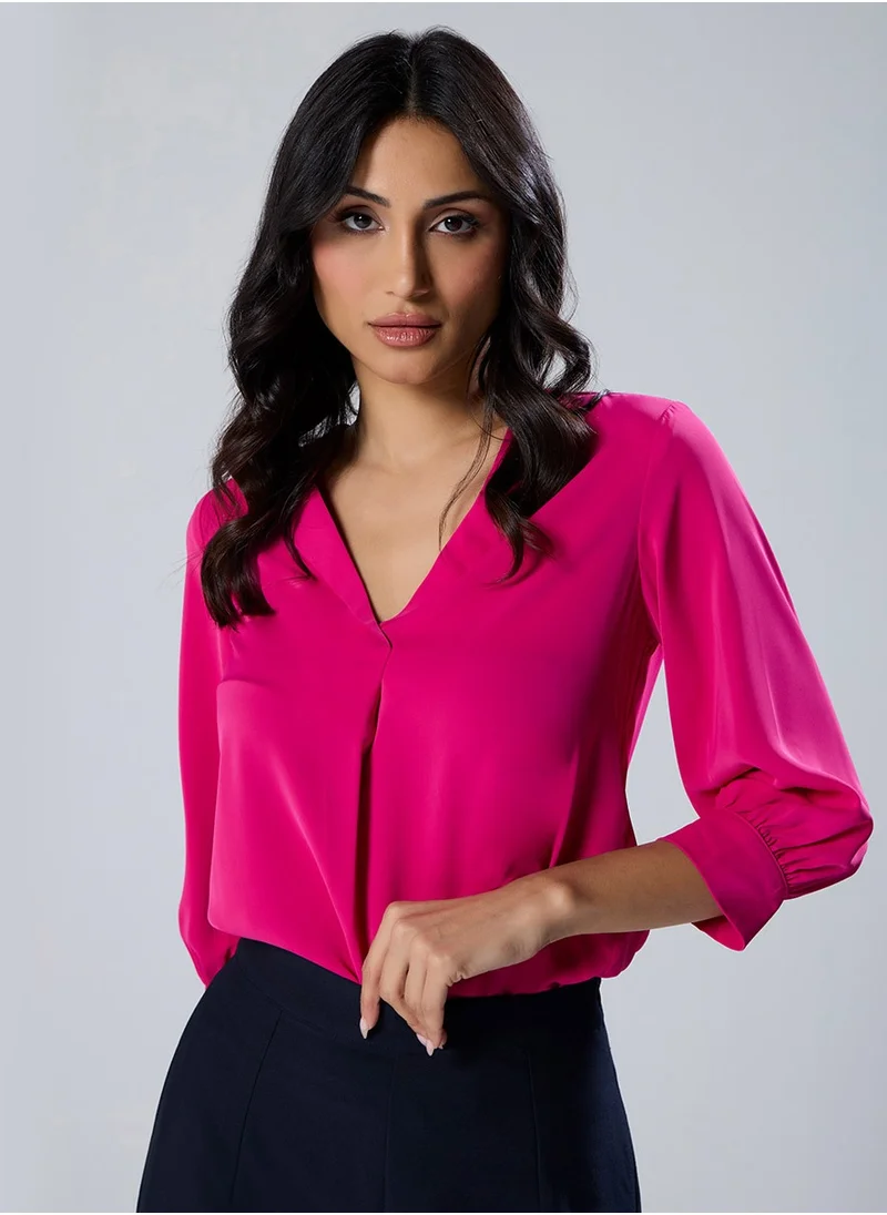 Zigzag Lapel Collared Chiffon Half Sleeve Pink Top