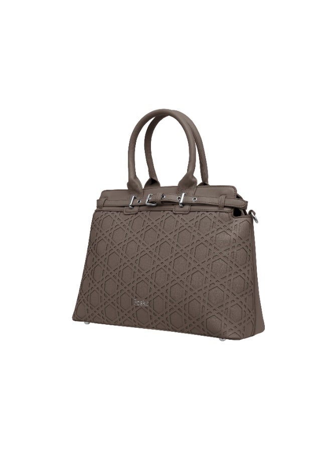 Foska Women’s Structured Shoulder Bag – Geometric Textured Design with Top Handles & Adjustable Strap – Taupe - Image 2