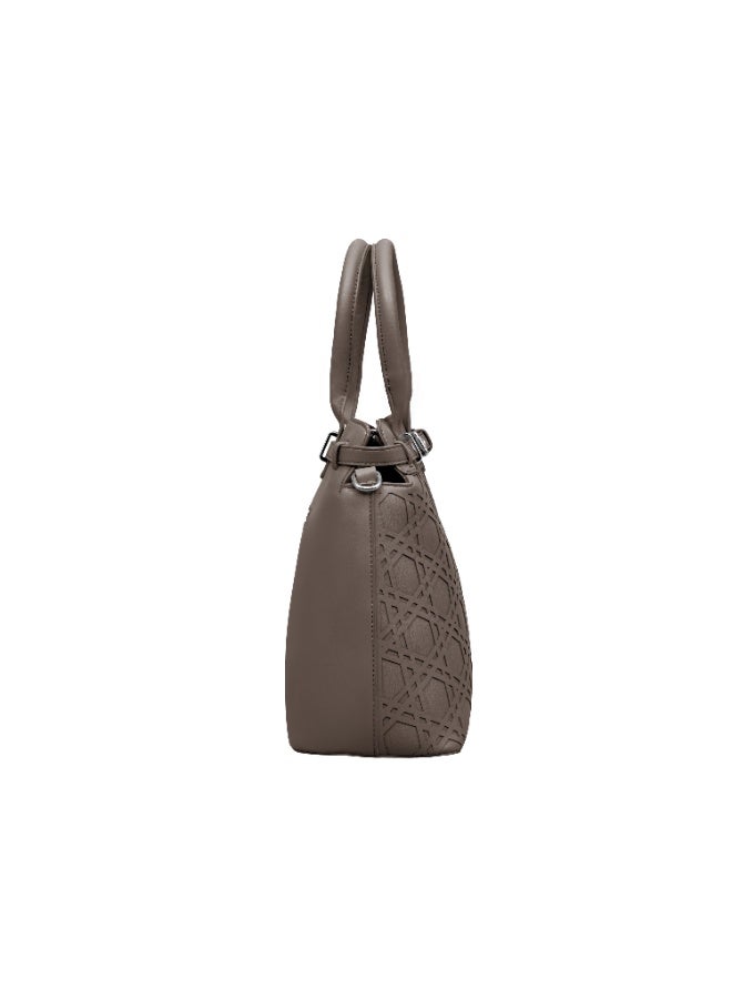 Foska Women’s Structured Shoulder Bag – Geometric Textured Design with Top Handles & Adjustable Strap – Taupe - Image 3