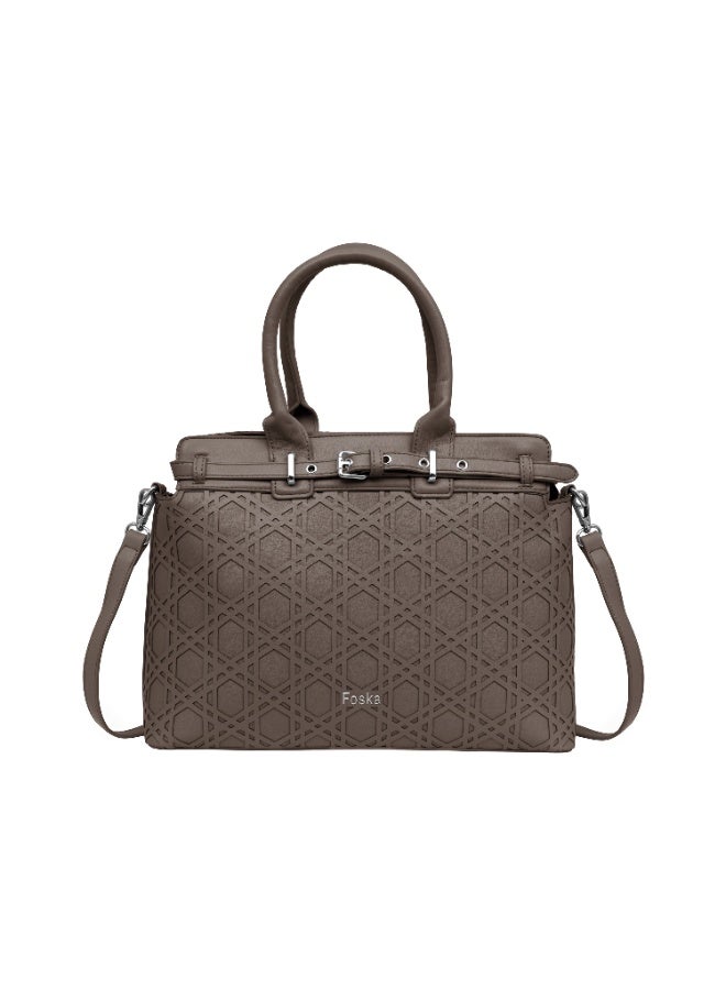 Foska Women’s Structured Shoulder Bag – Geometric Textured Design with Top Handles & Adjustable Strap – Taupe - Image 1