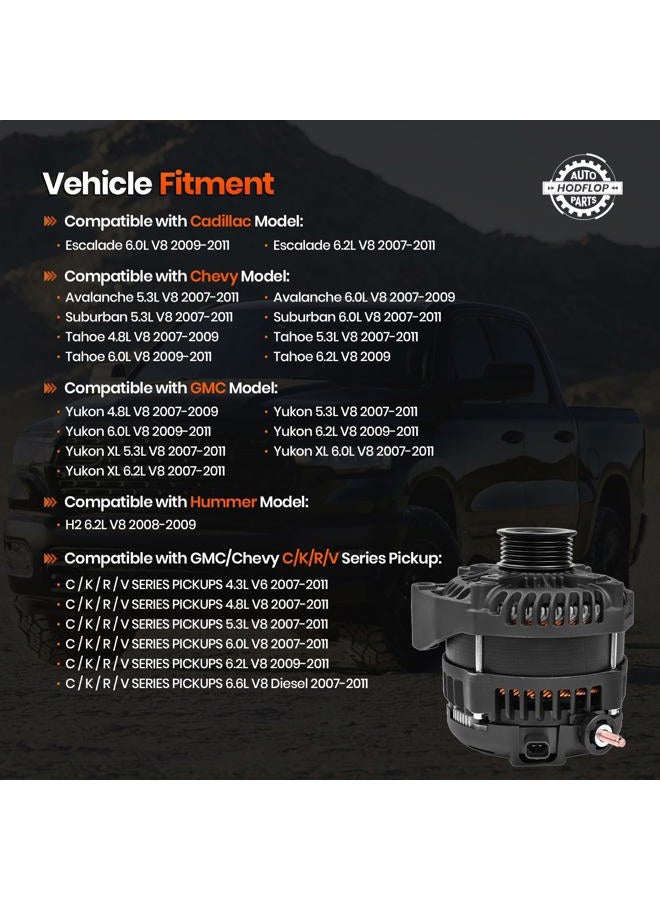 hodflop 15093928 14V 300Amp High Output Alternator Compatible with Cadillac Escalade & Chevy Avalanche Suburban Tahoe & GMC Yukon 2007-2011 & Hummer H2 2008-2009, 4.3/4.8/5.3/6.0/6.2/6.6L 15857608 15905871 - Image 3