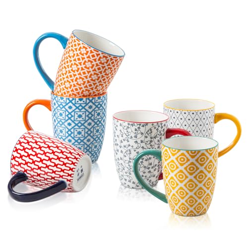 Cerkik Ceramic Coffee Mugs Set - 16 Oz Large Porcelain Tea Cups with Handle for Women Men Cocoa Latte Cappuccino - Christmas Housewarming Gift - Microwave Dishwasher Safe - Set of 6 - Assorted Colors - Image 1