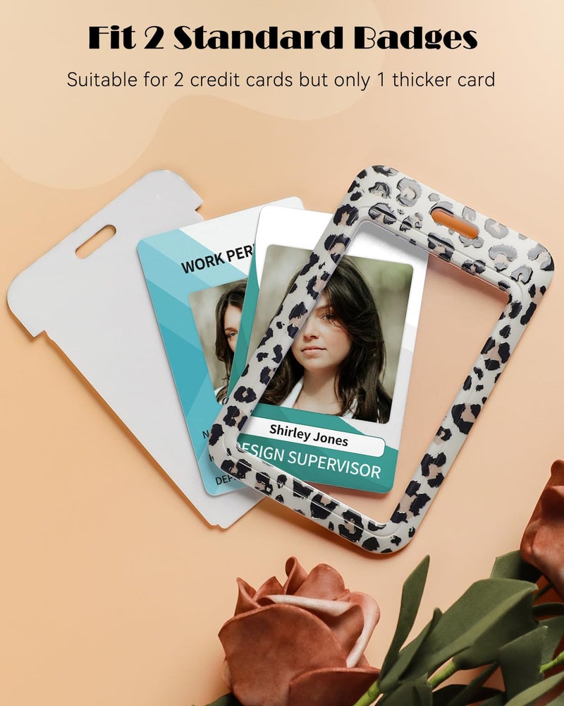 Uniclife Fashionable Sliding Badge Holder Leopard Print Plastic Case with Retractable Badge Reel Carabiner Clip & Detachable Lanyard Strap Vertical Card Protector for Worker Nurse Teacher Student - Image 2