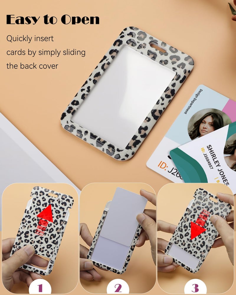 Uniclife Fashionable Sliding Badge Holder Leopard Print Plastic Case with Retractable Badge Reel Carabiner Clip & Detachable Lanyard Strap Vertical Card Protector for Worker Nurse Teacher Student - Image 3