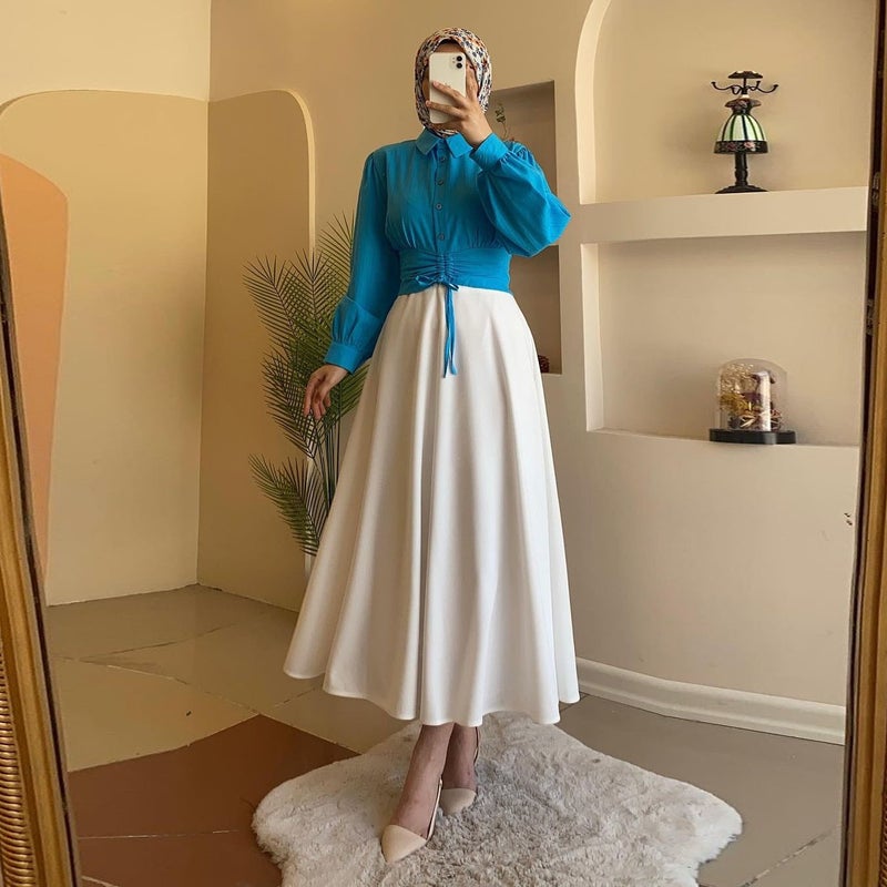 2024 Spring Fashion Casual Womens Long Sleeve Shirt Skirt Set IQ214 Blue Top Set
