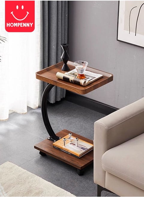 Multi-Functional C-Shaped End Table | Movable Sofa Coffee Table | Bedroom Nightstand | Luxury Wood Grain Small Table | 360° Swivel Wheels | Easy Storage