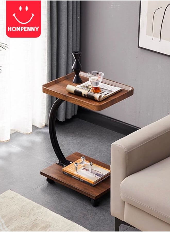 Multi-Functional C-Shaped End Table | Movable Sofa Coffee Table | Bedroom Nightstand | Luxury Wood Grain Small Table | 360° Swivel Wheels | Easy Storage