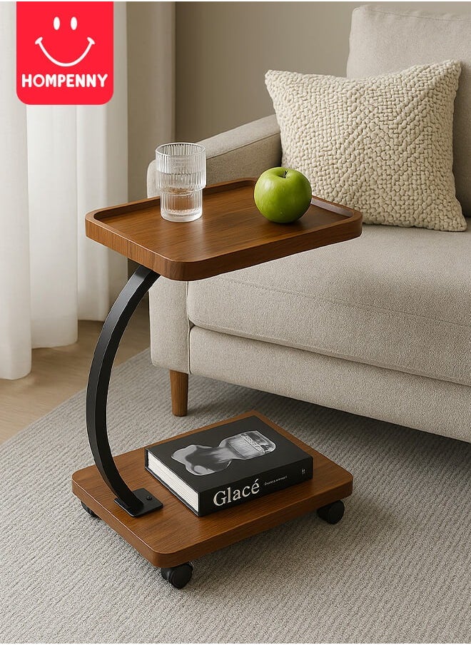 Multi-Functional C-Shaped End Table | Movable Sofa Coffee Table | Bedroom Nightstand | Luxury Wood Grain Small Table | 360° Swivel Wheels | Easy Storage