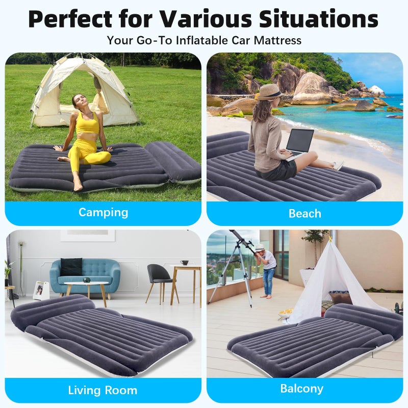 KMZ SUV Air Mattress with 2 Pillows â€“ Thickened and Flocked Car Bed â€“ Portable Travel Pad for Camping & Road Trips â€“ Quick Inflate & Deflate with External Pump â€“ Navy Blue+Light Gray - Image 3