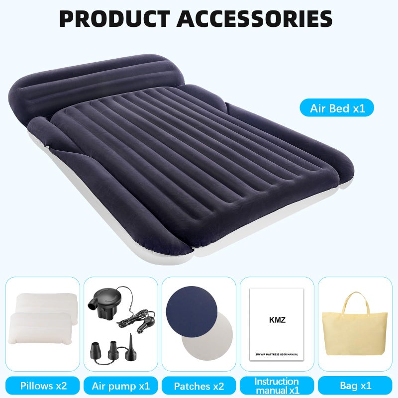 KMZ SUV Air Mattress with 2 Pillows â€“ Thickened and Flocked Car Bed â€“ Portable Travel Pad for Camping & Road Trips â€“ Quick Inflate & Deflate with External Pump â€“ Navy Blue+Light Gray - Image 5