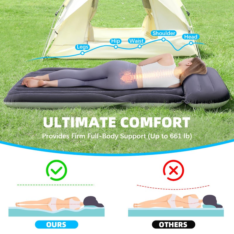 KMZ SUV Air Mattress with 2 Pillows â€“ Thickened and Flocked Car Bed â€“ Portable Travel Pad for Camping & Road Trips â€“ Quick Inflate & Deflate with External Pump â€“ Navy Blue+Light Gray - Image 4