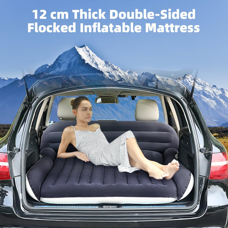KMZ SUV Air Mattress with 2 Pillows â€“ Thickened and Flocked Car Bed â€“ Portable Travel Pad for Camping & Road Trips â€“ Quick Inflate & Deflate with External Pump â€“ Navy Blue+Light Gray - Image 2