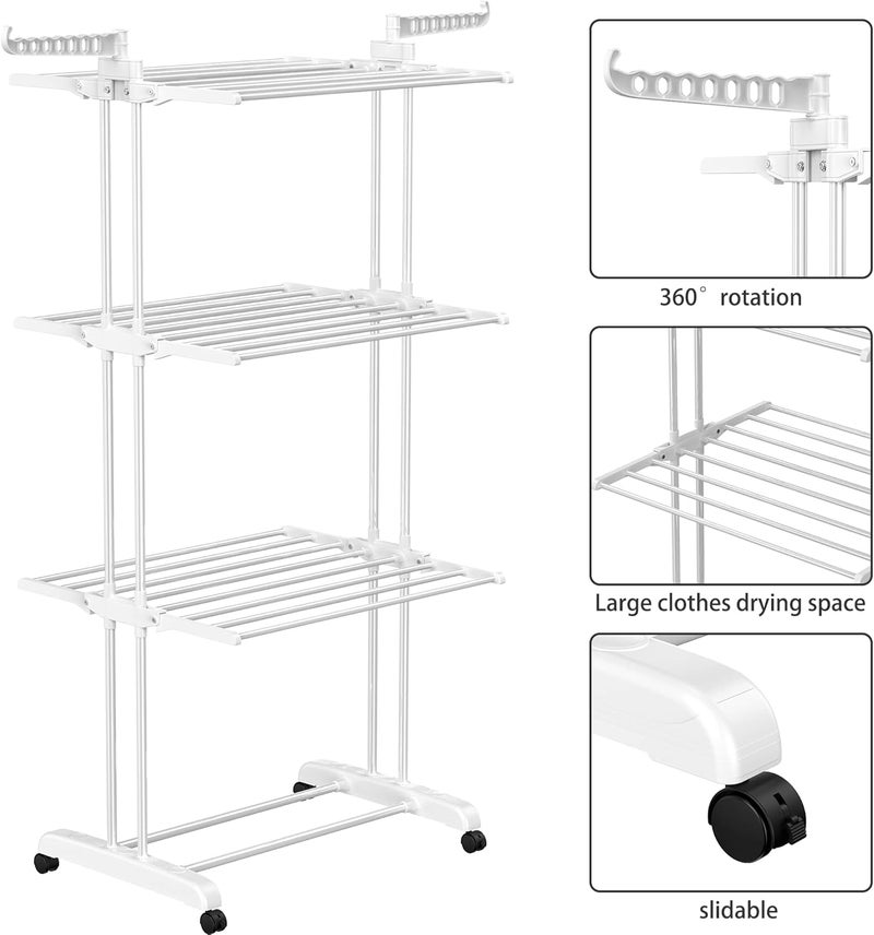 HOMIDEC Large 4-Tier Foldable Clothes Drying Rack (67.7H x 19.7W x 30L Inches), Movable With 4 Castors, Multifunctional Stainless Steel Laundry Rack, White - Image 5