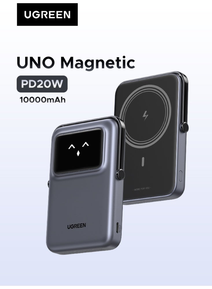 Ugreen Magsafe Power Bank, 10000mAh 7.5W UNO Magnetic Portable Charger with PD20W Fast Charging USB-C Port with Digital Display and Foldable Portable Charger Stand, for iPhone 16/15/14 silver - Image 1