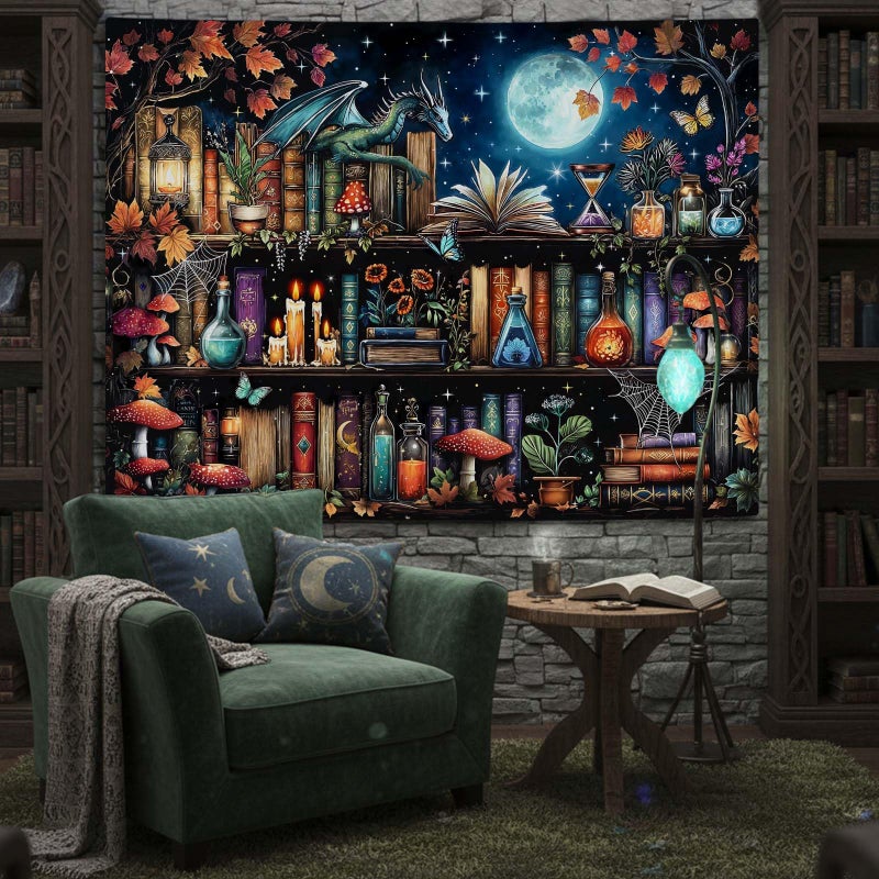 Accnicc Dragon Bookshelf Tapestry Witchy Mushroom Bookshelf Tapestries Wall Hanging Gothic Medieval Fantasy Moon Dark Academia Book Large Tapestry for Bedroom Living Room Dorm 80 x 60 inch - Image 2