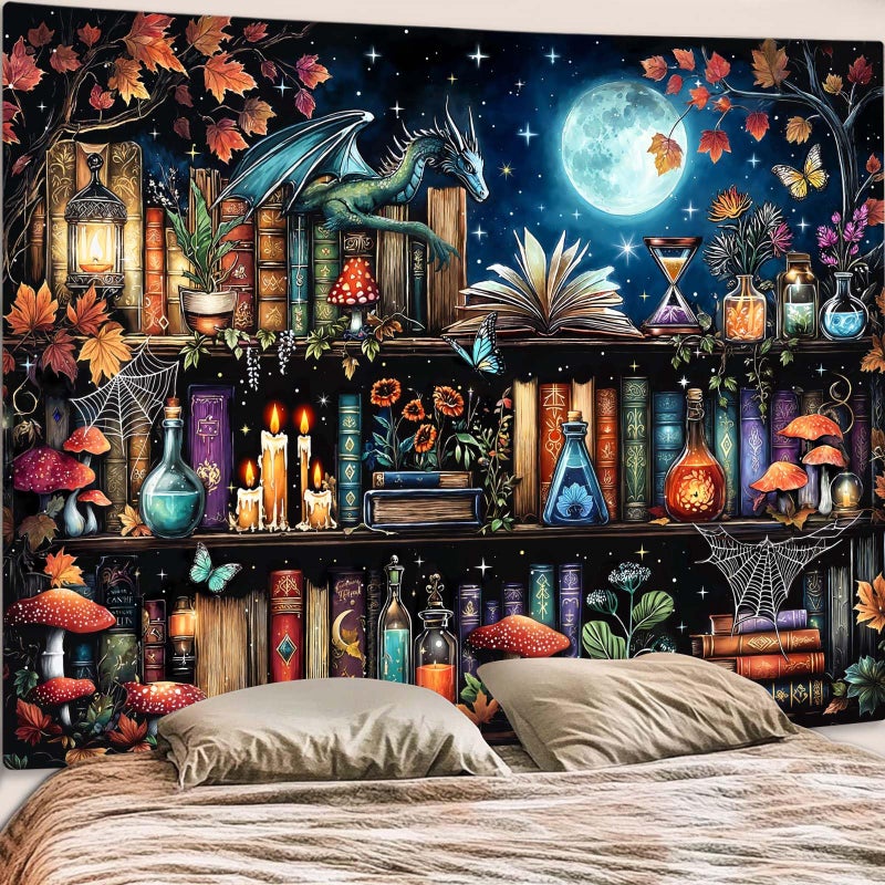 Accnicc Dragon Bookshelf Tapestry Witchy Mushroom Bookshelf Tapestries Wall Hanging Gothic Medieval Fantasy Moon Dark Academia Book Large Tapestry for Bedroom Living Room Dorm 80 x 60 inch - Image 5