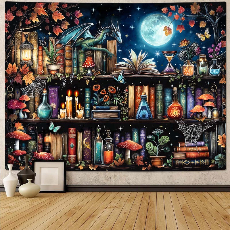 Accnicc Dragon Bookshelf Tapestry Witchy Mushroom Bookshelf Tapestries Wall Hanging Gothic Medieval Fantasy Moon Dark Academia Book Large Tapestry for Bedroom Living Room Dorm 80 x 60 inch - Image 1
