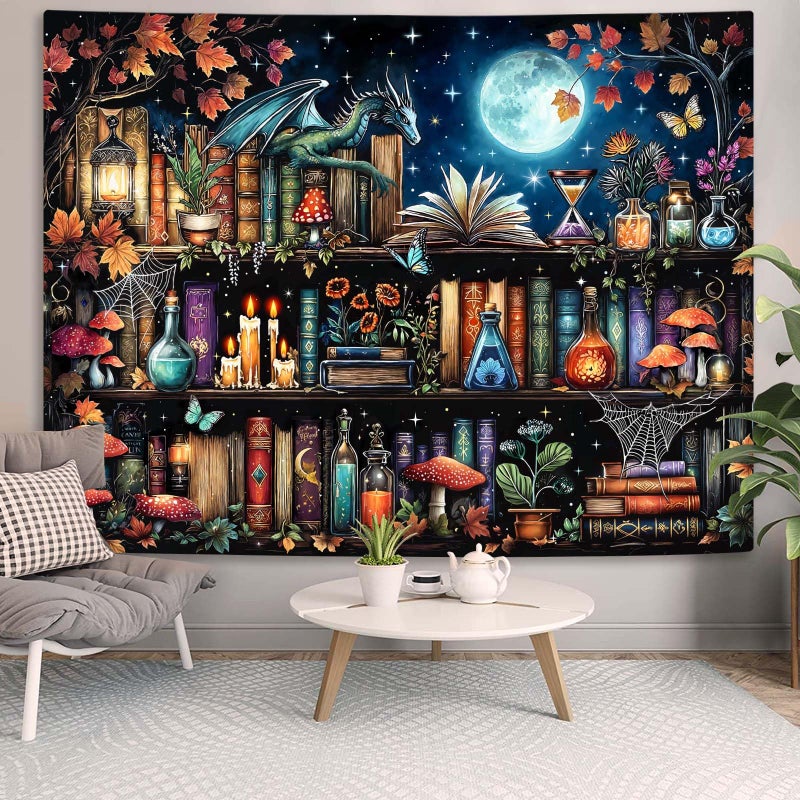 Accnicc Dragon Bookshelf Tapestry Witchy Mushroom Bookshelf Tapestries Wall Hanging Gothic Medieval Fantasy Moon Dark Academia Book Large Tapestry for Bedroom Living Room Dorm 80 x 60 inch - Image 4