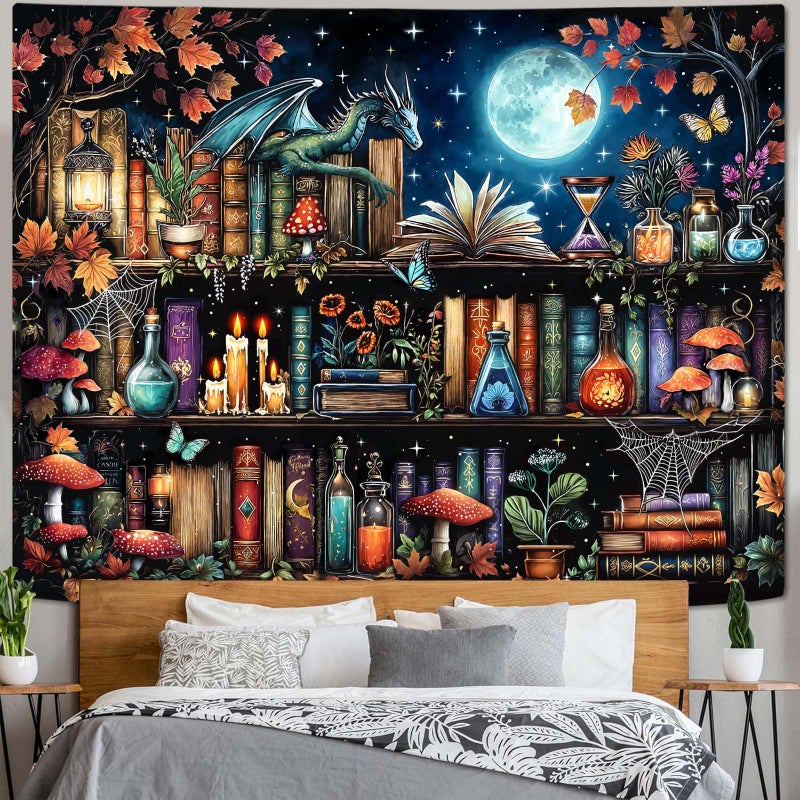 Accnicc Dragon Bookshelf Tapestry Witchy Mushroom Bookshelf Tapestries Wall Hanging Gothic Medieval Fantasy Moon Dark Academia Book Large Tapestry for Bedroom Living Room Dorm 80 x 60 inch - Image 3